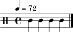 \relative c' {
\clef percussion
\tempo 4 = 72
\time 4/4
c4 c4 c4 c4 \bar "|."
}