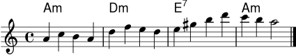 \version "2.22.0"
\header { tagline = ##f }
\score {
<<
\new ChordNames { \chordmode { a1:m d:m e:7 a:m } }
\new Staff {
\clef treble
\key a \minor
\time 4/4
a'4 c'' b' a' | d'' f'' e'' d'' |
e'' gis'' b'' d''' | c''' b'' a''2 \bar "|."
}
>>
\layout { }
\midi { \tempo 4 = 76 }
}