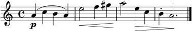 \score {
\new Staff {
\clef treble
\key a \minor
\time 4/4
a'4\p( c'' b' a') e''2\< f''4 gis'' a''2\! e''4\> c'' b'4-. a'2.\! \bar "|."
}
\layout { }
\midi { \tempo 4 = 72 }
}