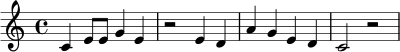 
\relative c' {
  \key a \minor
  \time 4/4
  c4 e8 e g4 e |
  r2 e4 d |
  a'4 g e d |
  c2 r2 |
}
