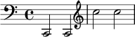 \new Staff { \clef bass c,2 c,2 \clef treble c''2 c''2 }