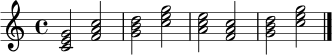 \relative c' { \time 4/4 <c e g>2 <f a c> | <g b d> <c e g> | <a c e> <f a c> | <g b d> <c e g> \bar "|." }