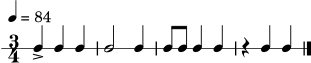 \version "2.18.2"
\paper { tagline = ##f }
\score {
\new RhythmicStaff {
\time 3/4
\tempo 4 = 84
c4-> c4 c4 | c2 c4 | c8 c8 c4 c4 | r4 c4 c4 \bar "|."
}
\layout { }
\midi { \tempo 4 = 84 }
}