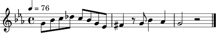 \relative c'' { \set Staff.midiInstrument = "tenor sax" \time 4/4 \key c \minor \tempo 4 = 76 g8 bes c des c bes g ees | fis4 r8 g bes4 aes | g2 r2 \bar "|." }
