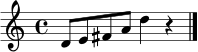 \relative c' { \time 4/4 d8 e fis a d4 r4 \bar "|." }