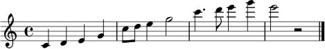 \relative c' { \clef treble \key c \major \time 4/4 c4 d e g | c8 d e4 g2 | c4. d8 e4 g | e2 r2 | \bar "|." }