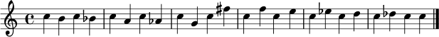 \relative c'' { \time 4/4 c4 b c bes c a c aes c g c fis c f c e c ees c d c des c c \bar "|." }