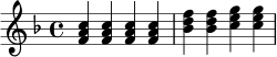 
\relative c' {
  \key f \major
  \time 4/4
  <f a c>4 <f a c> <f a c> <f a c> |
  <bes d f>4 <bes d f> <c e g> <c e g> |
}
