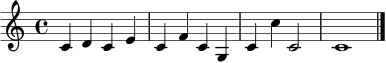 \relative c' { \clef treble \time 4/4 c4 d c e | c f c g | c c' c,2 | c1 \bar "|." }