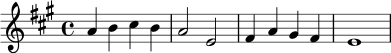 \relative c'' {
\key a \major
\time 4/4
a4 b cis b |
a2 e2 |
fis4 a gis fis |
e1
}