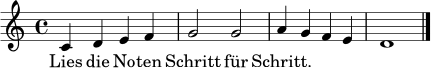 \relative c' {
\time 4/4
\key c \major
c4 d e f | g2 g | a4 g f e | d1 \bar "|."
}
\addlyrics { Lies die No -- ten Schritt für Schritt. }