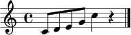 \relative c' { \time 4/4 c8 d e g c4 r4 \bar "|." }