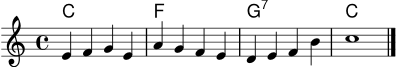 \score {
<<
\new ChordNames { \chordmode { c1 f g:7 c } }
\new Staff \relative c' {
\clef treble
\key c \major
\time 4/4
e4 f g e | a g f e | d e f b | c1 \bar "|."
}
>>
\layout { }
\midi { \tempo 4 = 96 }
}