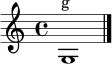 \relative c' { \clef treble \time 4/4 g1^\markup "g" \bar "|." }