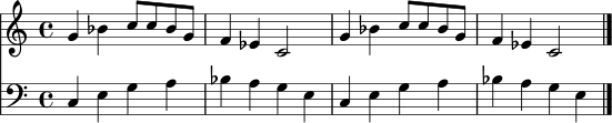 \language "english"
<<
\new Staff \relative c'' {
\time 4/4
\key c \major
g4 bf c8 c bf g |
f4 ef c2 |
g'4 bf c8 c bf g |
f4 ef c2 \bar "|."
}
\new Staff \relative c {
\clef bass
\time 4/4
c4 e g a |
bf a g e |
c4 e g a |
bf a g e \bar "|."
}
>>