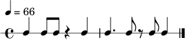 \new RhythmicStaff {
\time 4/4
\tempo 4 = 66
c4 c8 c8 r4 c4 | c4. c8 r8 c8 c4 \bar "|."
}