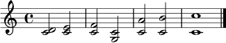 \relative c' {
\clef treble
\key c \major
\time 4/4
<c d>2 <c e>2 | <c f>2 <c g>2 | <c a'>2 <c b'>2 | <c c'>1 \bar "|."
}