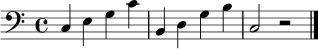 
\relative c { \clef bass \time 4/4 c4 e g c | b, d g b | c,2 r2 | \bar "|." }
