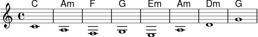 <<
\new ChordNames \chordmode {
c1 a:m f g
e:m a:m d:m g
}
\new Staff \relative c' {
c1 | a | f | g |
e | a | d | g |
}
>>