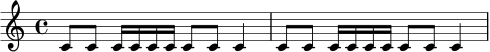 \version "2.24.0"
\relative c' {
\time 4/4
c8 c c16 c c c c8 c c4 |
c8 c c16 c c c c8 c c4 |
}