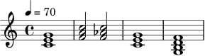 \relative c' {
\key c \major
\time 4/4
\tempo 4 = 70
<c e g>1 |
<f a c>2 <f aes c>2 |
<c e g>1 |
<g b d f>1 |
}