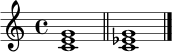 \relative c' {
\key c \major
\time 4/4
<c e g>1
\bar "||"
<c es g>1
\bar "|."
}