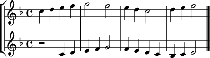 \version "2.24.0"
\score {
\new StaffGroup <<
\new Staff \relative c'' { \key f \major \time 4/4 c4 d e f | g2 f | e4 d c2 | d4 e f2 \bar "|." }
\new Staff \relative c' { \key f \major \time 4/4 r2 c4 d | e f g2 | f4 e d c | bes c d2 \bar "|." }
>>
\layout { }
\midi { }
}