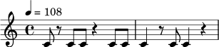 
\relative c' {
  \tempo 4 = 108
  \time 4/4
  c8 r8 c8 c8 r4 c8 c8 |
  c4 r8 c8 c4 r4
}
