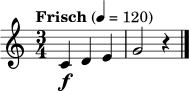 
\language "deutsch"
\relative c' { \clef treble \key c \major \time 3/4 \tempo "Frisch" 4 = 120 c4\f d e | g2 r4 \bar "|." }
