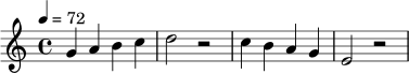 \relative c'' { \tempo 4 = 72 g4 a b c | d2 r2 | c4 b a g | e2 r2 | }