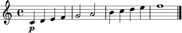 \relative c' {
\clef treble
\time 4/4
c4\p d e f | g2\< a | b4 c d e | f1\ff\> \! \bar "|."
}