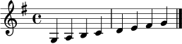 \relative c' { \clef treble \key g \major \time 4/4 g4 a b c d e fis g \bar "|." }