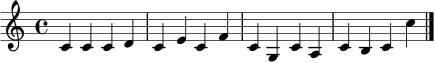 \relative c' { \clef treble \time 4/4 c4 c c d c e c f c g c a c b c c' \bar "|." }