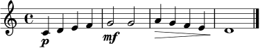 \relative c' { \time 4/4 c4\p d e f | g2\mf g | a4\> g f e | d1\! \bar "|." }