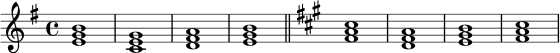 \relative c' {
\key e \minor
\time 4/4
<e g b>1 | <c e g>1 | <d fis a>1 | <e g b>1 |
\bar "||"
\key fis \minor
<fis a cis>1 | <d fis a>1 | <e gis b>1 | <fis a cis>1 |
}