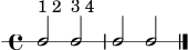 
\version "2.24.0"
\header { tagline = ##f }
\score {
  \new RhythmicStaff {
    \time 4/4
    c2^\markup { "1 2" } c2^\markup { "3 4" } |
    c2 c2 |
    \bar "|."
  }
  \layout { ragged-right = ##t }
  \midi { \tempo 4 = 72 }
}
