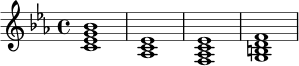 \relative c' {
\time 4/4
\key c \minor
<c ees g bes>1 |
<aes c ees>1 |
<f aes c ees>1 |
<g b d f>1 |
}