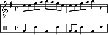 \version "2.22.0"
\score {
<<
\new Staff \with { midiInstrument = "distorted guitar" } \relative c' {
\clef "treble_8"
\time 4/4
\key e \minor
e8 e g a b a g e |
e8 e g a b4 r4 |
}
\new DrumStaff \drummode {
bd4 sn bd sn |
bd8 bd sn4 bd sn |
}
>>
\layout { }
\midi { \tempo 4 = 118 }
}