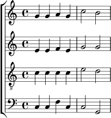 \new ChoirStaff <<
\new Staff {
\relative c'' {
\key c \major
\time 4/4
g4 g a g | c2 b
}
}
\new Staff {
\relative c' {
\key c \major
\time 4/4
e4 e f e | g2 g
}
}
\new Staff {
\clef "treble_8"
\relative c' {
\key c \major
\time 4/4
c4 c c c | e2 d
}
}
\new Staff {
\clef bass
\relative c {
\key c \major
\time 4/4
c4 c f c | c2 g
}
}
>>