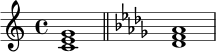 \relative c' {
\time 4/4
\key c \major
<c e g>1
\bar "||"
\key des \major
<des f aes>1
}