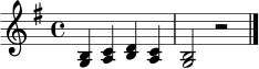 \relative c' { \time 4/4 \key g \major <g b>4 <a c> <b d> <a c> | <g b>2 r2 \bar "|." }