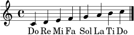 \relative c' { \clef treble \time 4/4 c4 d e f | g a b c | \bar "|." }
\addlyrics { Do Re Mi Fa Sol La Ti Do }