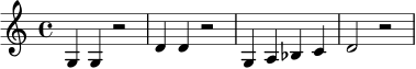 
\relative c' {
  \time 4/4
  g4 g r2 |
  d'4 d r2 |
  g,4 a bes c |
  d2 r2 |
}
