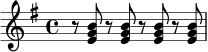 \relative c' {
\time 4/4
\key e \minor
r8 <e g b>8 r8 <e g b>8 r8 <e g b>8 r8 <e g b>8
}