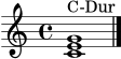 \version "2.20.0"
\header { tagline = ##f }
\score {
\relative c' {
\clef treble
\time 4/4
<c e g>1^"C-Dur"
\bar "|."
}
\layout { }
\midi { \tempo 4=72 }
}