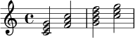 \relative c' {
\time 4/4
\key c \major
<c e g>2 <f a c>2 |
<g b d f>2 <c e g>2 |
}
