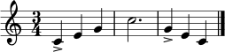 \relative c' { \time 3/4 c4-> e4 g4 | c2. | g4-> e4 c4 \bar "|." }