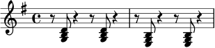 \relative c' {
\time 4/4
\key g \major
r8 <g b d>8 r4 r8 <g b d>8 r4 |
r8 <e g b>8 r4 r8 <e g b>8 r4 |
}