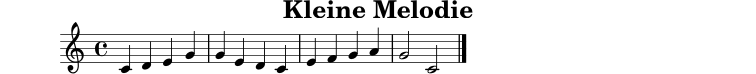 
X:1
T:Kleine Melodie
M:4/4
L:1/4
K:C
C D E G|G E D C|E F G A|G2 C2|]
