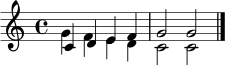 \relative c' { \clef treble \key c \major \time 4/4 << { c4 d e f g2 g } \\ { g4 f e d c2 c } >> \bar "|." }